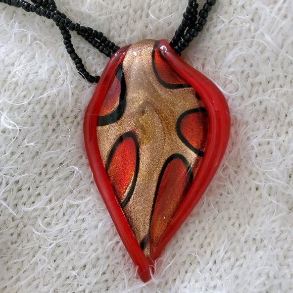 Red & Gold Lampwork Glass Beaded Chain Necklace - Picture 4 of 9